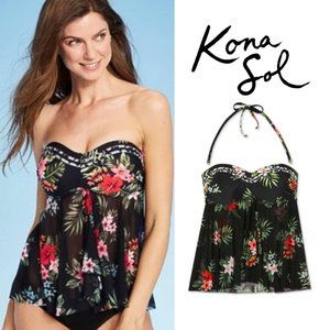 Kona Sol Bandeau Black Floral Flyaway Bikini Top